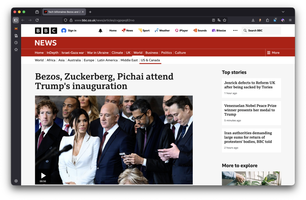 Screenshot der BBC-Website zur Amtseinführung (2025) von Donald Trump. Titel: »Bezos, Zuckerberg, Pichai attend Trump's inauguration«