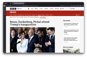 Screenshot der BBC-Website zur Amtseinführung (2025) von Donald Trump. Titel: »Bezos, Zuckerberg, Pichai attend Trump's inauguration«