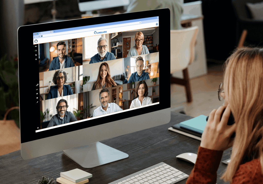Eine Frau sitzt vor einem Monitor, auf dem eine Videokonferenz mit 9 Personen in Consularia Office läuft.