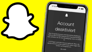 Auf einem gelben Hintergrund sind das Snapchat-Logo und ein iPhone mit einem Screenshot »Account deaktiviert« zu sehen.